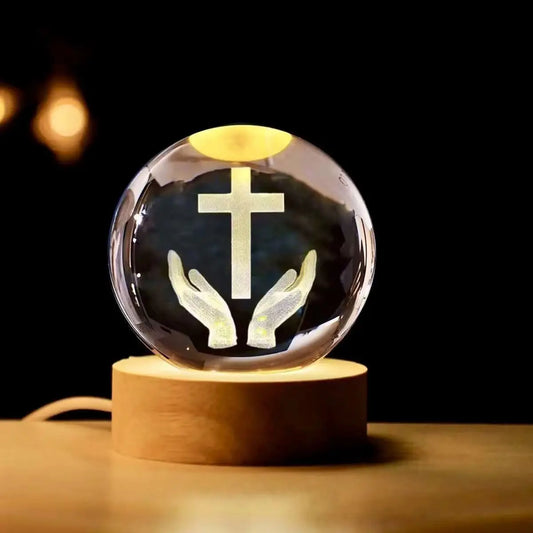 Jesus Cross 3D LED Crystal Ball Night Light | Praying Hands Gifts For Christian