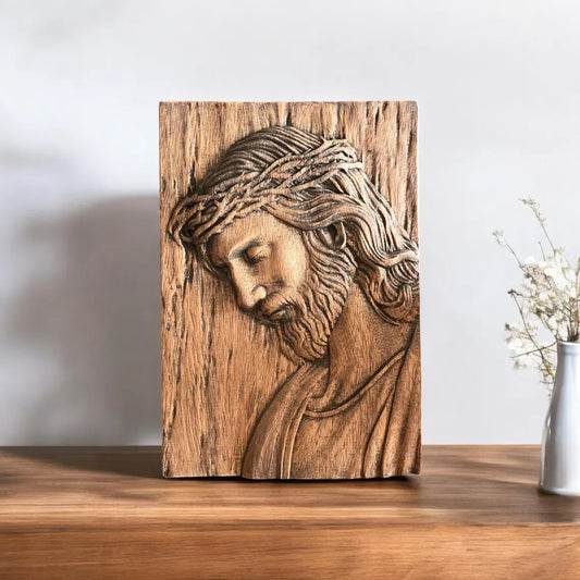 Handcrafted wooden carved wall plaque Jesus wearing the crown of Thorns
