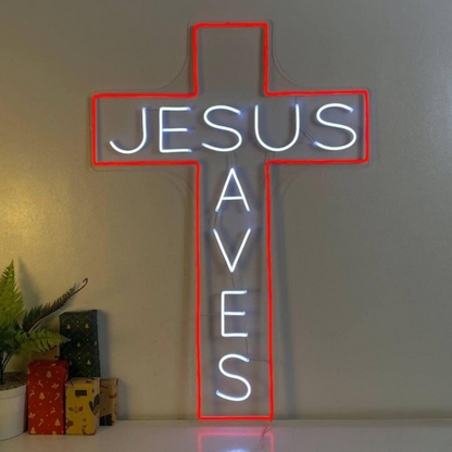 Personalized Jesus Saves Cross Neon Sign, Custom Christian Led Wall Art Decor