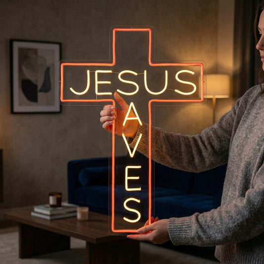 Personalized Jesus Saves Cross Neon Sign, Custom Christian Led Wall Art Decor