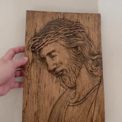 Handcrafted wooden carved wall plaque Jesus wearing the crown of Thorns