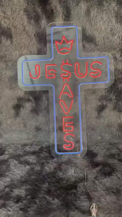Personalized Jesus Saves Cross Neon Sign, Custom Christian Led Wall Art Decor