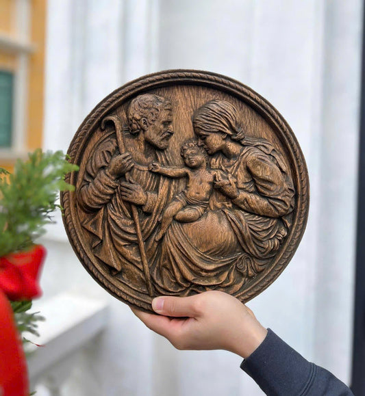 The Holy Family Wood Carving | Wooden icon Christian Gift
