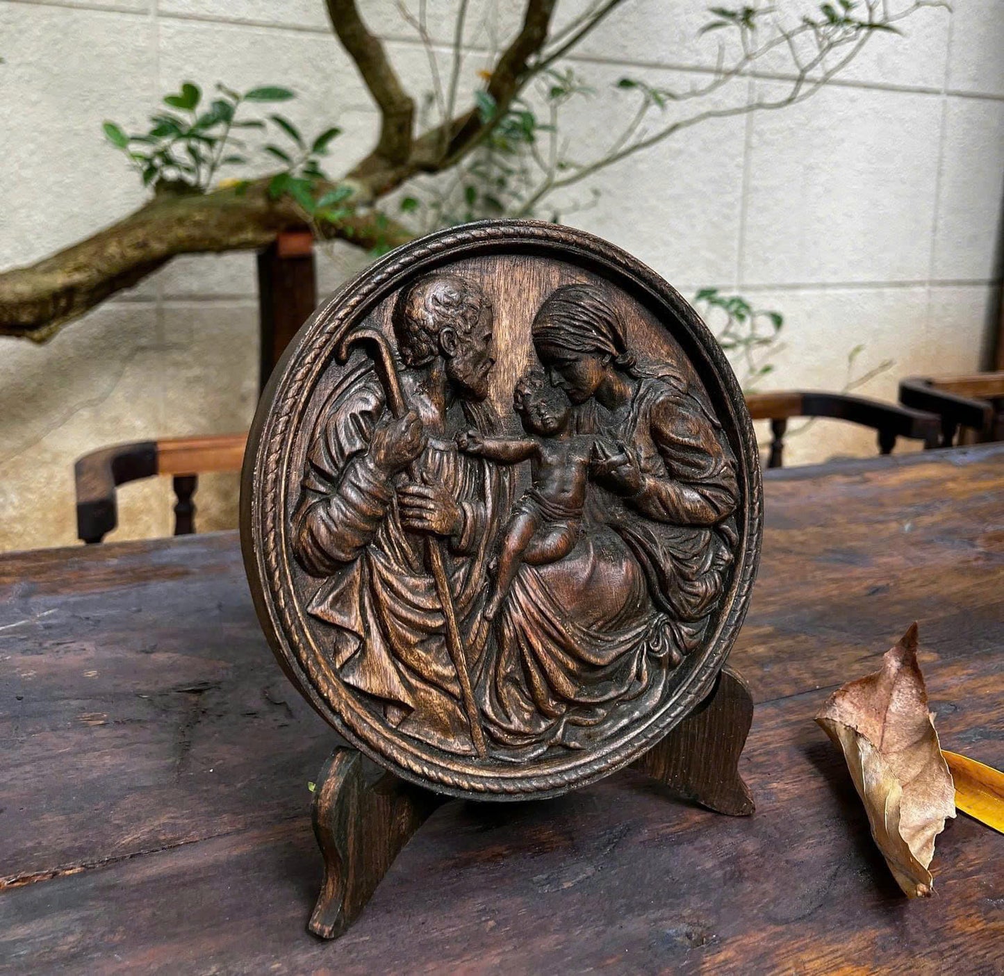 The Holy Family Wood Carving | Wooden icon Christian Gift