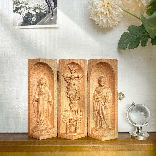Catholic Triptych of the Risen Christ | Virgin Mary | Saint Joseph – Christian Religious Artwork | Sacred Home Decor | Faithful Christian Gift