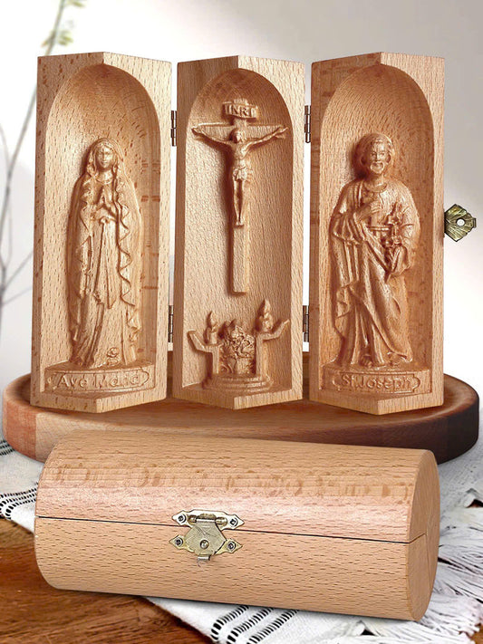 Catholic Triptych of the Crucifixion of Jesus Christ | Virgin Mary | Saint Joseph – Christian Religious Artwork | Sacred Home Décor | Faithful Christian Gift