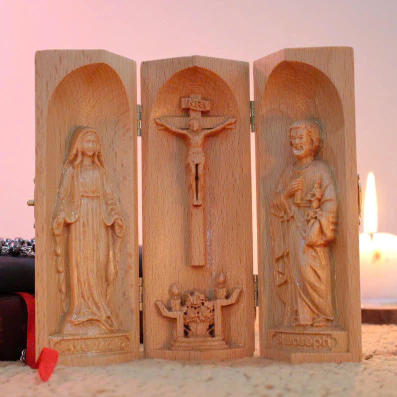 Catholic Triptych of the Crucifixion of Jesus Christ | Virgin Mary | Saint Joseph – Christian Religious Artwork | Sacred Home Décor | Faithful Christian Gift