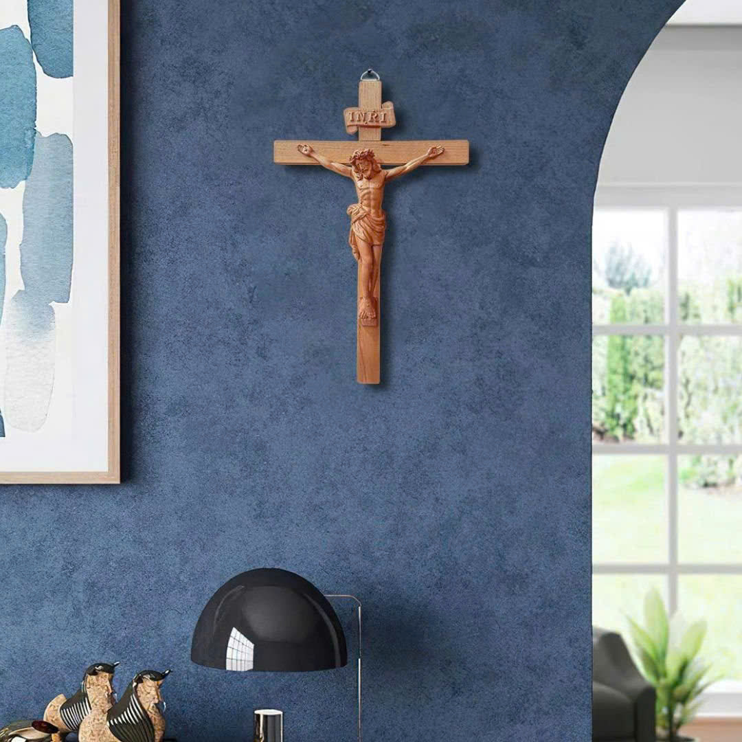 Christ Crucifixion Wood Carving | Wooden Crucifix for Altar & Prayer