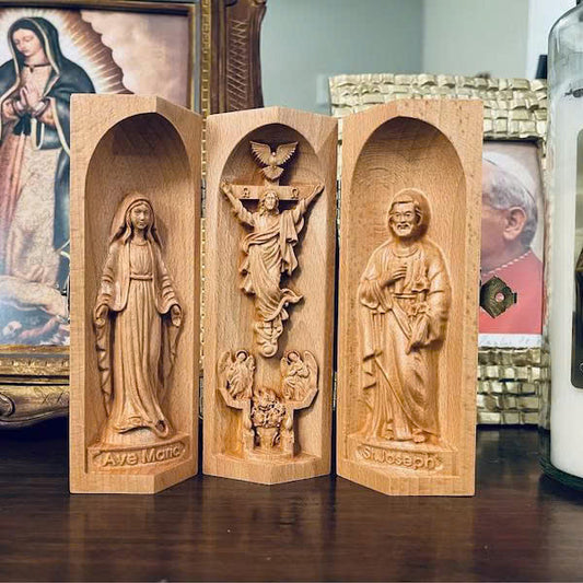 Catholic Triptych of the Risen Christ | Virgin Mary | Saint Joseph – Christian Religious Artwork | Sacred Home Decor | Faithful Christian Gift