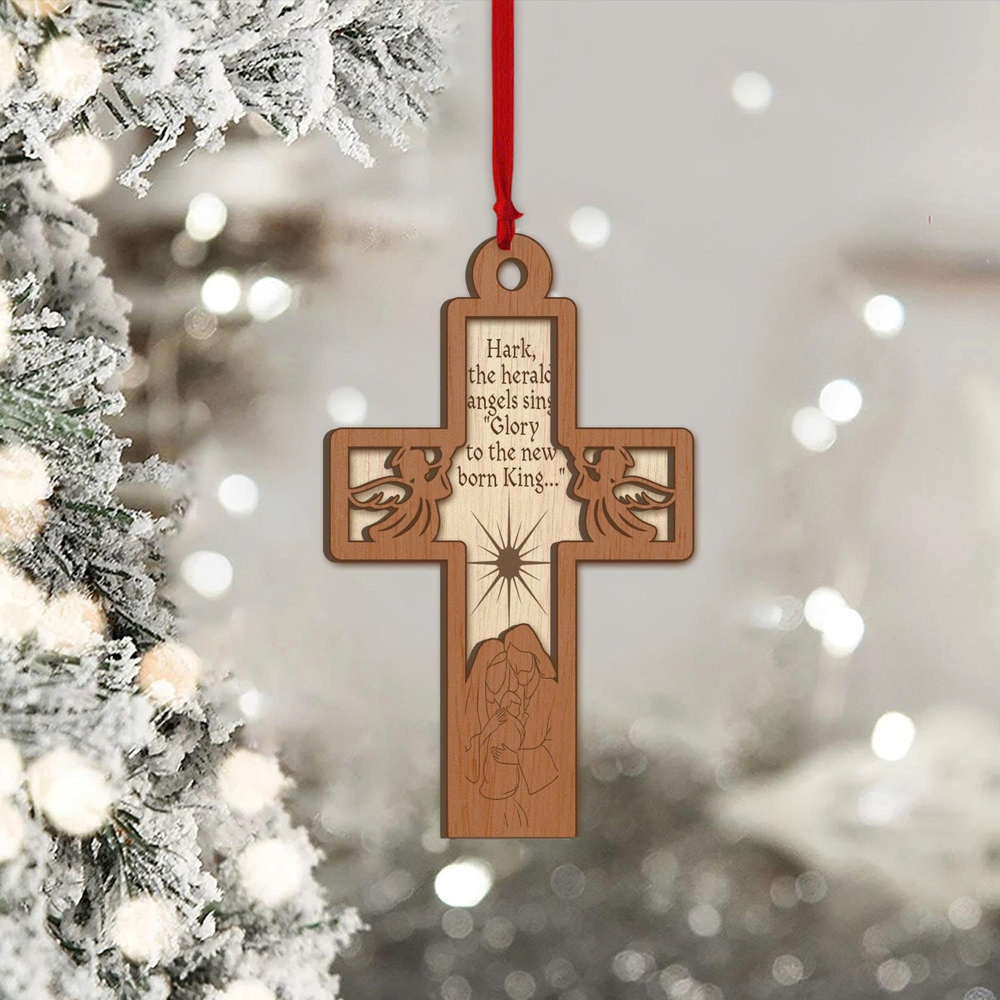 Wooden Cross Ornament – Elegant Christian Christmas Decoration